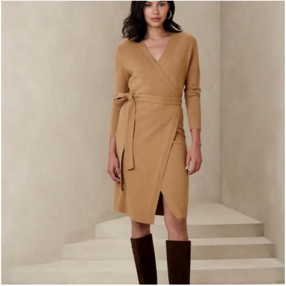Banana Republic Wrap Knee-Length Sweater Dress in “Brown Sugar”